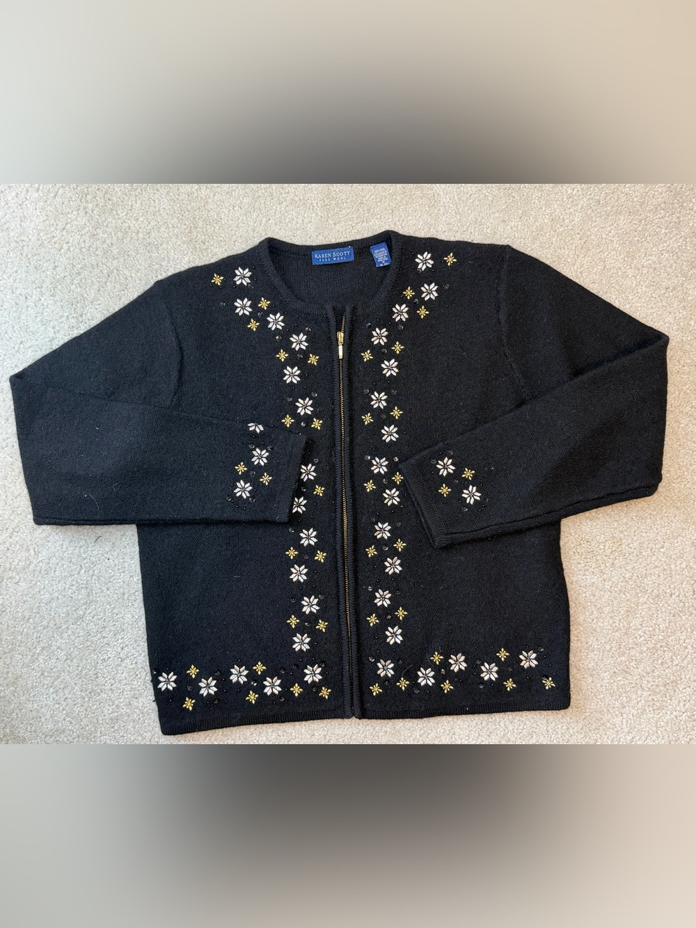 Karen Scott Black Zip-Front Embroidered Cardigan Jacket